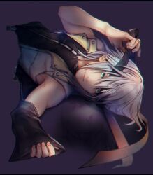 1boy black_blindfold blindfold closed_mouth commentary_request cropped_torso green_eyes grey_hair holding_blindfold jacket kingdom_hearts kingdom_hearts_iii lying male_focus mim_(mimya0600) on_back riku_(kingdom_hearts) solo unzipped zipper