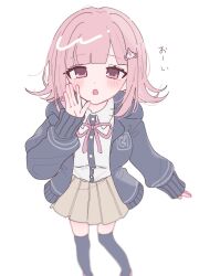 Rule 34 | 1girl, blush, breasts, brown hair, brown skirt, collared shirt, danganronpa (series), danganronpa 2: goodbye despair, feet out of frame, flipped hair, galaga, hair ornament, highres, hood, jacket, long sleeves, looking at viewer, medium hair, nanami chiaki, neck ribbon, open clothes, open jacket, pink eyes, pink ribbon, pleated skirt, pote (pote 39), ribbon, shirt, skirt, solo, thighhighs, two-tone shirt, white shirt