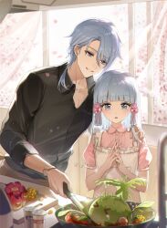 1boy 1girl ayaka_(genshin_impact) black_shirt blue_eyes blue_hair blunt_bangs brother_and_sister cooking earrings frying_pan genshin_impact grey_eyes hair_between_eyes hair_ornament highres isobe47 jewelry kamisato_ayato knife long_hair long_sleeves looking_at_viewer medium_hair mole mole_under_mouth open_mouth pink_shirt ponytail shirt siblings slime_(genshin_impact) smile solo watch wristwatch