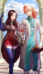 1boy 1girl ahoge blue_eyes blue_gloves blue_thighhighs book brown_hair cherokee_(1021tonii) cloud commentary da_vinci_to_shichinin_no_gansaku_eirei day fate/grand_order fate_(series) feet_out_of_frame fine_art_parody gloves green_jacket hair_between_eyes high-low_skirt holding holding_book jacket leonardo_da_vinci_(fate) long_hair looking_at_another official_art orange_hair parody pointing pointing_up ponytail puffy_short_sleeves puffy_sleeves red_skirt romani_archaman short_sleeves skirt sky smile the_school_of_athens thighhighs third-party_source white_gloves yellow_eyes