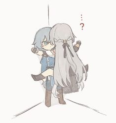 ...? 2girls black_boots black_dress black_gloves black_pants blue_eyes blue_jacket boots braid brown_boots chibi cicada_block_(meme) closed_mouth commentary_request dress fingerless_gloves fu_hua fu_hua_(herrscher_of_sentience) glasses gloves grey_hair hair_between_eyes highres honkai_(series) honkai_impact_3rd jacket juliet_sleeves long_hair long_sleeves meme multiple_girls pants puffy_sleeves red-framed_eyewear semi-rimless_eyewear standing tya_tya_3rd under-rim_eyewear very_long_hair