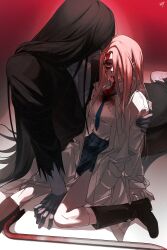 Rule 34 | 1boy, 1girl, absurdres, bbabbamis2, black hair, black kimono, blood, blood from mouth, blood on clothes, blood on face, boots, coat, commentary request, crowbar, hair over one eye, heroine (homicipher), highres, holding, holding crowbar, homicipher, hug, injury, japanese clothes, kimono, korean commentary, long hair, mr. crawling, open clothes, open coat, pink hair, raincoat, red background, red eyes, school uniform, shirt, sitting, skirt, very long hair, white shirt