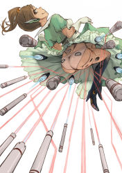1girl ass brown_eyes brown_hair clothes_lift dress dress_lift female_focus frill_trim frills futami_mami gloves high_heels highres idolmaster idolmaster_(classic) idolmaster_2 looking_back mahou_shoujo_madoka_magica mechanization missile parody rocket shoes side_ponytail simple_background skirt_hold smile solo tomoe_mami toro3 underwear white_background