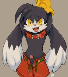 1boy animal_ears arms_up artist_name bar_censor belt blush censored collar dandi dated erection fangs furry furry_male gloves grey_background kaze_no_klonoa klonoa looking_at_viewer male_focus mixed-language_commentary navel open_belt open_clothes open_fly open_mouth open_shorts penis precum rabbit_boy rabbit_ears shorts shota sweat topless_male yellow_gloves
