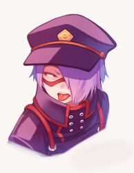 1boy black_coat black_hat boku_no_hero_academia chikuwa_savy coat commentary_request hair_over_one_eye hat highres looking_at_viewer male_focus mask narrowed_eyes open_mouth parted_bangs peaked_cap purple_hair red_mask shishikura_seiji signature solo tongue tongue_out upper_body white_background