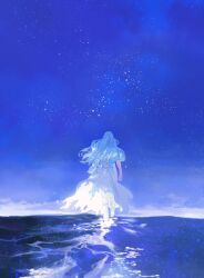 1girl blue_sky braid facing_away final_fantasy final_fantasy_xiv from_behind half_up_braid highres horizon long_hair nevermore_sh ocean outdoors robe sky solo star_(sky) starry_sky torn_clothes torn_robe venat_(ff14) wading walking walking_away water white_hair white_robe wide_shot