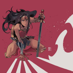 1girl absurdres bare_shoulders boots circlet closed_mouth commentary_request dc_comics floating_hair full_body highres korean_commentary long_hair planted planted_sword planted_weapon red_background red_boots sidelocks simple_background solo squatting steelscarlet superhero_costume sword weapon wonder_woman wonder_woman_(series) wrist_guards
