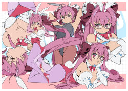 1girl animal_ears armpits arms_behind_head ass bare_shoulders black-framed_eyewear black_leotard border bow bowtie breasts brown_pantyhose cleavage closed_eyes commentary commission detached_collar di_gi_charat dice_hair_ornament edoya_inuhachi elbow_gloves feet_up frown glasses gloves hair_bow hair_intakes hair_ornament hand_on_own_cheek hand_on_own_chest hand_on_own_face hand_up head_rest highleg highleg_leotard large_breasts legs_together leotard long_hair looking_at_viewer looking_back lying midair multicolored_leotard multiple_views on_back on_stomach pantyhose pink_bow pink_hair pink_leotard playboy_bunny purple_pantyhose rabbit_ears rabbit_tail red_bow red_eyes signature skeb_commission solo standing strapless strapless_leotard tail the_pose twintails two-tone_leotard usada_hikaru white_border white_gloves white_leotard