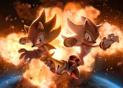 2boys animal_nose bracelet chaosc0ntr0l derivative_work earth_(planet) explosion explosion_background furry furry_male gloves gold_bracelet hedgehog hedgehog_boy jewelry looking_at_viewer male_focus multiple_boys planet red_eyes red_footwear ring_(sonic) screenshot_redraw shadow_the_hedgehog short_tail soap_shoes sonic_(live_action) sonic_(series) sonic_the_hedgehog sonic_the_hedgehog_3_(movie) space super_shadow super_sonic tail two-tone_fur white_fur white_gloves yellow_fur