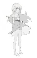 1girl bandaid bandaid_on_pussy barefoot center_frills closed_mouth dress expressionless flat_chest floating_hair frills full_body greyscale highres iniooooo jewelry long_hair looking_at_viewer monochrome monogatari_(series) necklace no_panties oshino_shinobu pointy_ears simple_background sketch sleeveless sleeveless_dress solo standing strap_slip white_background