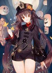 1girl :d black_hat black_jacket black_shorts brown_hair dedeko floating_hair full_moon genshin_impact hair_between_eyes halloween hat head_tilt highres hu_tao_(genshin_impact) index_finger_raised jacket jewelry long_hair long_sleeves looking_at_viewer moon open_mouth print_jacket red_eyes ring shiny_skin short_shorts shorts smile solo standing thigh_gap twintails very_long_hair
