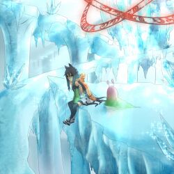 Rule 34 | 1girl, alchemist (ragnarok online), alternate color, animal ears, black hair, black thighhighs, boots, cat ears, cat girl, cave interior, closed mouth, commentary request, detached sleeves, dress, expressionless, full body, green eyes, green sleeves, ice cave, in-universe location, long hair, magic circle, meiko (nattu303), orange scarf, ragnarok online, scarf, short dress, sidelocks, sitting, slime (creature), solo, thighhighs, vanilmirth (ragnarok online), very long hair, white boots, white dress