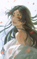 1girl absurdres bare_shoulders breasts brown_eyes brown_hair commentary_request fushiguro_tsumiki grin happy highres jujutsu_kaisen long_hair medium_breasts outdoors petals pink_lips smile solo teeth thick_eyebrows woshihedawei yorozu_(jujutsu_kaisen)