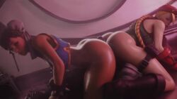 1boy 2girls 3d animated ass ass-to-ass ass_shake blonde_hair bottomless buttjob cammy_white capcom chun-li cooperative_buttjob cum cum_on_ass cum_on_body double_bun ejaculation erection femdom girl_on_top hair_bun hetero highres huge_ass indoors jiggle large_penis moaning multiple_girls penis polished_jade_bell pumping sound street_fighter tagme teamwork_(sexual) thick_thighs thighs video