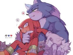 2boys animal_ears artist_name blue_fur blush clenched_teeth emoji fingernails furry furry_male gloves green_eyes heart knuckles_the_echidna licking_lips male_focus multiple_boys open_mouth purple_eyes red_footwear red_fur sharp_fingernails shoes simple_background sitting sk_rokuro sonic_(series) sonic_the_hedgehog sonic_the_werehog sonic_unleashed speech_bubble spoken_heart tail teeth tongue tongue_out twitter_username two-tone_footwear werehog white_background white_gloves yellow_shoes
