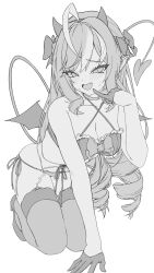 1girl absurdres ahoge blush bow breasts cleavage commentary_request criss-cross_halter demon_horns demon_tail demon_wings drill_hair eason870408 finger_to_mouth full_body garter_belt garter_straps gloves greyscale hair_bow half_gloves halterneck high_heels highres horns kneeling leaning_forward long_hair looking_at_viewer medium_breasts mini_wings monochrome open_mouth panties pointy_ears shoes side-tie_panties simple_background solo tail thighhighs twin_drills underwear very_long_hair vivian_banshee white_background wings zenless_zone_zero