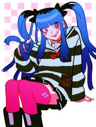 1girl absurdres amemiya_darumi black_boots black_bow black_hair black_nails black_skirt black_stripes blue_hair boots bow collar earrings face_piercing female_focus fingernails hair_bow heart highres jewelry lip_piercing long_hair looking_at_viewer makeup multicolored_hair nail_polish open_mouth piercing pink_background pink_eyes pink_thighhighs pleated_skirt runny_makeup safety_pin shirt simple_background sitting skirt solo solo_focus striped_clothes striped_shirt striped_skirt teeth the_hundred_line_-last_defense_academy- thighhighs twintails twirling_hair upper_teeth_only white_background white_stripes
