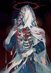 1boy black_background blue_coat charon_(reverse:1999) coat covered_face dog_tags exposed_bone facing_viewer flower gloves halo hand_up highres holding_dog_tags male_focus open_clothes open_coat poppy_(flower) red_flower red_halo reverse:1999 ribs solo spiked_halo thorns upper_body veil white_flower white_gloves white_veil yelin_yoru