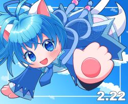 Rule 34 | 1girl, animal ears, blue dress, blue eyes, blue hair, blue necktie, blue sky, cat ears, cat girl, cat tail, ciel0420, dated, dress, emil chronicle online, flying, ghost girl, highres, necktie, nekomata, nekomata sora, side ponytail, sky, tail