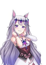 1girl absurdres animal_ears bijouvirus black_corset chest_jewel colored_inner_hair corset detached_collar dress gem grey_hair highres hololive hololive_english horse_ears horse_girl jewel_under_eye kemonomimi_mode koseki_bijou koseki_bijou_(1st_costume) long_hair looking_at_viewer multicolored_hair pink_hair purple_eyes purple_gemstone simple_background single_sleeve solo virtual_youtuber white_dress