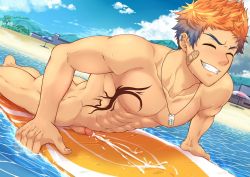 Rule 34 | 1boy, ass, bandaid, bandaid on cheek, bandaid on face, bara, beach, black hair, blush, chest tattoo, cloud, completely nude, cum, day, ear piercing, ejaculation, erection, closed eyes, green eyes, grin, jewelry, large pectorals, lifeguard, looking at viewer, lying, male focus, multicolored hair, muscular, muscular male, navel, necklace, nipples, nude, orange hair, original, outdoors, pectorals, penis, piercing, short hair, sky, smile, solo, summer, surfboard, tattoo, teeth, two-tone hair, zamius