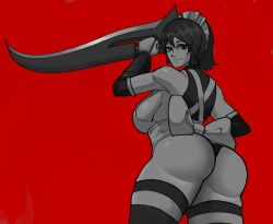 1girl 2024 apron arm_up ass ass_focus bandages_over_clothes black_hair black_thighhighs blue_eyes blush breasts butterfly_swords choker cleavage commentary desn english_commentary female_focus flipped_hair frilled_leotard frills from_below greyscale hair_ornament highres huge_ass huge_weapon iroha_(samurai_spirits) japanese_clothes lace-trimmed_apron lace_trim large_breasts leotard looking_at_viewer maid maid_headdress maid_leotard monochrome multiple_swords red_background samurai_spirits short_hair sideboob simple_background skindentation smile snk solo standing thick_thighs thighhighs thighs toeless_legwear unconventional_maid weapon