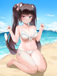 1girl absurdres animal_ears bare_shoulders beach bikini black_nails blue_eyes blue_sky breasts brown_hair cat_ears cat_girl cat_tail cleavage goddess_of_victory:_nikke hair_ribbon halterneck heterochromia highres large_breasts long_hair looking_at_viewer navel nero_(nikke) ocean pink_eyes ribbon side-tie_bikini_bottom sky solo string_bikini swimsuit tail twintails white_bikini yomining