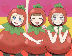 3girls ^_^ arm_up black_pantyhose blonde_hair blue_eyes brown_hair center-flap_bangs ceras_yanagida_lilienfeld closed_eyes coco_apollon commentary_request cowboy_shot food_costume grey_hair height_connection kachimachi_kosuzu link!_like!_love_live! love_live! multiple_girls orange_background osawa_rurino pantyhose pink_background raised_fist raised_inner_eyebrows sidelocks strawberry_costume virtual_youtuber yellow_background