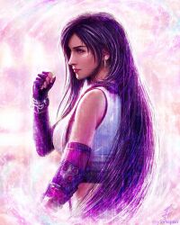 1girl absurdres bare_shoulders black_gloves black_hair black_sports_bra bracelet breasts clenched_hand closed_mouth crop_top earrings elbow_gloves final_fantasy final_fantasy_vii final_fantasy_vii_rebirth final_fantasy_vii_remake fingerless_gloves from_side gloves highres jewelry large_breasts lips long_hair midriff profile red_eyes red_lips signature single_arm_guard single_earring solo sports_bra suspenders tank_top tifa_lockhart tylor_hepner upper_body white_tank_top