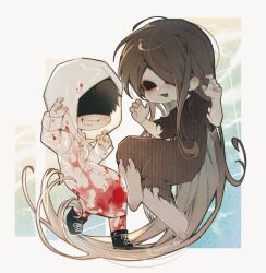 Rule 34 | 1boy, 1girl, absurdly long hair, black hair, black kimono, blood, blood on clothes, boots, claw pose, commentary, deformed, english commentary, eye socket, full body, grin, hands up, heroine (homicipher), highres, hollow eyes, homicipher, hood, hood up, japanese clothes, kimono, long hair, mr. crawling, raincoat, shaded face, smile, sweeeet him, very long hair, white raincoat
