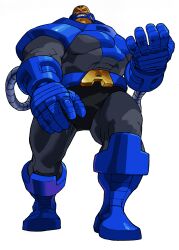 1990s_(style) 1boy absurdres apocalypse_(marvel) armor bald bengus blue_boots boots clenched_teeth from_below game_cg gauntlets giant highres male_focus marvel marvel_vs._capcom muscular non-web_source official_art outstretched_hand red_eyes retro_artstyle simple_background solo teeth white_background x-men x-men_vs._street_fighter