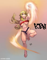 1990s_(style) 1girl abs armpits bandeau barefoot belt blonde_hair breasts brown_eyes capcom character_name clenched_hands covered_erect_nipples elee0228 eyebrows female_focus fingerless_gloves fire full_body fundoshi genderswap genderswap_(mtf) gloves japanese_clothes ken_masters long_hair lost-tyrant medium_breasts muscular muscular_female navel open_mouth retro_artstyle shouryuuken simple_background solo strapless street_fighter street_fighter_zero_(series) thick_eyebrows toes tube_top underboob uppercut watermark