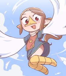 1girl animal_feet beak blue_dress blush brown_hair cloud commentary_request day dress feathers flying highres long_hair looking_at_viewer medli monster_girl nintendo open_mouth orenjipiiru outdoors pointy_ears ponytail red_eyes rito sky smile solo the_legend_of_zelda the_legend_of_zelda:_the_wind_waker white_wings wind wings
