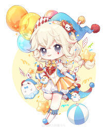 1girl absurdres ace_(playing_card) ace_of_diamonds all-night_party_(infinity_nikki) arm_warmers ball balloon beachball blonde_hair blue_hat blue_ribbon boots bow bowtie braid buttons card chibi clown coattails confetti crossed_bangs detached_sleeves diamond_(shape) dot_nose eyelashes facial_tattoo floating_card floating_clothes floating_hair frilled_sleeves frills ghost grey_eyes hair_between_eyes hair_ornament hair_ribbon hat heart heart_button heart_hair_ornament highres holding holding_balloon infinity_nikki jester_cap knee_boots leg_up light_particles long_hair long_sleeves multicolored_hat neck_ruff nikki_(series) nuli_de_chengzhi_er open_mouth playing_card pom_pom_(clothes) puffy_long_sleeves puffy_shorts puffy_sleeves red_arm_warmers red_hat red_ribbon ribbon shirt shorts single_arm_warmer sleeveless sleeveless_shirt smile solo sparkle star_(symbol) tareme tattoo tongue twin_braids two-tone_background two-tone_ribbon watermark weibo_watermark white_background white_boots white_hat white_shirt white_shorts white_sleeves yellow_background yellow_bow yellow_bowtie