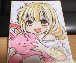 1girl :d blonde_hair blush brown_eyes comiket_98 commentary_request dated dress fujii_ryou futaba_anzu idolmaster idolmaster_cinderella_girls looking_at_viewer open_mouth shikishi smile solo star_(symbol) stuffed_animal stuffed_rabbit stuffed_toy upper_body white_background white_dress