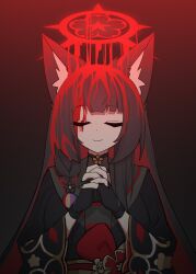 1girl absurdres animal_ear_fluff animal_ears black_gloves black_kimono black_nails black_sailor_collar blood blood_on_face blue_archive closed_eyes closed_mouth colored_inner_hair fingerless_gloves floral_print floral_print_kimono fox_ears fox_girl gloves halo highres japanese_clothes kimono long_hair multicolored_hair own_hands_clasped own_hands_together print_kimono red_halo red_sash sailor_collar sash sidelocks smile snya_ko solo two-tone_hair upper_body wakamo_(blue_archive)