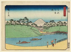 Rule 34 | 19th century, 2boys, 4girls, 6+others, ando hiroshige, black hair, blue sky, boat, bridge, city, cloud, facing away, fine art parody, gradient sky, grass, hat, highres, hill, japan, landscape, mount fuji, mountain, multiple boys, multiple girls, multiple others, nihonga, oil-paper umbrella, original, outdoors, parody, river, rowboat, scenery, sky, stone wall, straw hat, thirty-six views of mount fuji (hiroshige), traditional media, translation request, tree, ukiyo-e, volcano, water, watercraft