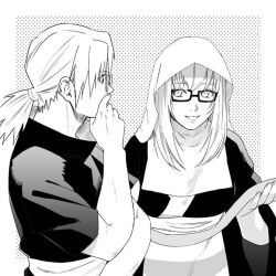 1boy 1girl :d apron bad_id bad_twitter_id black_dress curamubuono dress greyscale holding holding_scroll long_hair long_sleeves monochrome naruto_(series) naruto_shippuuden ninja open_mouth polka_dot polka_dot_background ponytail round_eyewear scroll semi-rimless_eyewear short_sleeves smile upper_body waist_apron white_apron yakushi_kabuto yakushi_nonou