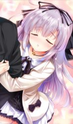 1girl arm_hug blush closed_eyes game_cg hayakawa_harui highres incoming_kiss light_purple_hair long_hair parted_lips pink_lips pov school_uniform shoujo_shin&#039;iki_shoujo_tengoku skirt takagi_sana