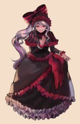 1girl black_dress capelet dress highres lolita_fashion long_hair long_sleeves overlord_(maruyama) ponytail red_eyes shalltear_bloodfallen solo vampire very_long_hair white_hair yeomwon