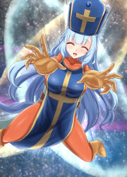 Rule 34 | 1girl, ^ ^, animal ears, blue hair, blue tabard, bodysuit, boots, breasts, brown gloves, closed eyes, cosplay, dragon quest, dragon quest iii, facing viewer, gloves, hat, highres, horse ears, horse girl, ichimai (apieceof ray151), large breasts, long hair, mejiro ardan (umamusume), mitre, orange bodysuit, priest (dq3), priest (dq3) (cosplay), solo, tabard, textless version, umamusume