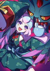 Rule 34 | 1girl, :d, absurdres, armpits, bare shoulders, bead necklace, beads, blue hair, bow-shaped hair, character hair ornament, commentary request, detached sleeves, dress, flutter mane, green dress, hair ornament, happy, highres, iono (fall 2024) (pokemon), iono (pokemon), jewelry, looking up, multicolored hair, necklace, nintendo, official alternate costume, open mouth, pink hair, pokemon, pokemon (creature), pokemon masters ex, purple eyes, sharp teeth, sleeves past fingers, sleeves past wrists, smile, so oziji, teeth, two-tone hair