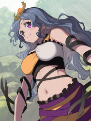 1girl arm_ribbon bare_shoulders black_ribbon breasts chirizuka_ubame closed_mouth commentary_request crop_top dutch_angle forest frilled_shirt frilled_skirt frills grey_hair headpiece highres large_breasts long_hair looking_at_viewer midriff multicolored_shirt nature navel purple_eyes ribbon shirt skirt sleeveless sleeveless_shirt smile solo syope touhou very_long_hair wavy_hair