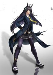 1girl absurdres animal_ears belt black_belt black_choker black_coat black_gloves black_hair black_pantyhose black_shirt black_skirt choker coat collared_shirt commentary ear_tag earrings gloves hand_in_pocket highres horse_ears horse_girl horse_tail jewelry long_hair manhattan_cafe_(umamusume) masasan multicolored_hair necktie open_clothes open_coat pantyhose parted_lips pleated_skirt ribbon shirt shoes single_earring skirt smile solo standing tail umamusume very_long_hair white_hair white_shoes yellow_necktie yellow_ribbon