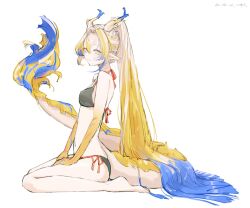 1girl arknights bikini black_bikini blonde_hair blue_hair breasts colored_extremities colored_skin dated dragon_girl dragon_horns dragon_tail from_side full_body hands_on_own_thighs highres horns long_hair multicolored_hair navel pointy_ears pppmepl seiza shu_(arknights) side-tie_bikini_bottom signature simple_background sitting solo swimsuit tail white_background white_hair yellow_skin