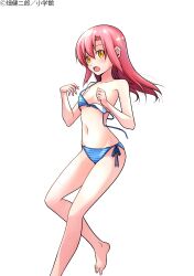 1girl absurdres armpits bikini blush breasts collarbone convenient_censoring feet hair_ornament hairclip hata_kenjirou hayate_no_gotoku! highres katsura_hinagiku legs long_hair looking_at_viewer navel official_art pink_hair simple_background small_breasts solo stomach strap_slip striped_bikini striped_clothes swimsuit thighs toes unworn_bikini_top white_background yellow_eyes