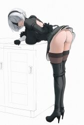 1girl 2b_(nier:automata) absurdres ass back_cutout bent_over black_dress black_hairband black_thighhighs blindfold boots breast_press breasts clothing_cutout dress full_body gloves hairband high_heel_boots high_heels highres juliet_sleeves large_breasts long_sleeves mole mole_under_mouth nier:automata nier_(series) open_mouth puffy_sleeves ryuusei4721 short_hair simple_background solo standing thigh_boots thighhighs thighs white_background white_hair