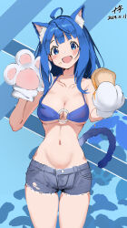 1girl absurdres ahoge animal_ear_fluff animal_ears animal_hands bikini blue_background blue_bikini blue_eyes blue_hair breasts cat_ears cat_girl cat_tail cleavage collarbone cowboy_shot crumbs dated food gloves grey_shorts highres holding holding_food holding_sandwich jyuunen-kun kemonomimi_mode light_blush long_hair looking_at_viewer make_heroine_ga_oo_sugiru! medium_breasts navel o-ring o-ring_bikini open_mouth paw_gloves sandwich short_shorts shorts smile solo standing stomach swimsuit tail white_gloves yanami_anna
