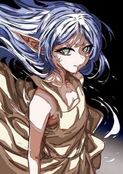 1girl arms_at_sides artdroiiid_ii commentary cowboy_shot dark_background dress elf english_commentary expressionless floating_clothes floating_hair frieren from_above green_eyes hair_down highres long_hair looking_at_viewer pointy_ears sleeveless sleeveless_dress solo sousou_no_frieren standing thick_eyelashes white_dress white_hair wispy_bangs