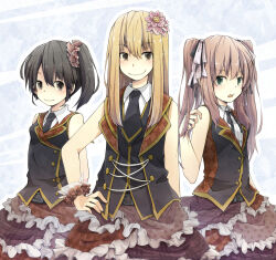 1boy 2girls akb49_ren&#039;ai_kinshi_jourei bare_shoulders belt black_hair black_necktie black_ribbon black_vest breasts brown_belt brown_eyes brown_hair character_request check_character closed_mouth collared_shirt commentary_request crossdressing flower frilled_skirt frills green_eyes grey_eyes hair_flower hair_ornament hair_ribbon hair_scrunchie hand_on_own_hip idol lama_(kusuriya) lapels long_hair looking_at_viewer multiple_girls neck_ribbon necktie okabe_ai open_mouth purple_flower red_scrunchie red_skirt ribbon scrunchie shirt side_ponytail skirt sleeveless sleeveless_shirt small_breasts smile straight_hair twintails urakawa_minori vest white_ribbon white_shirt wrist_scrunchie yoshinaga_hiroko